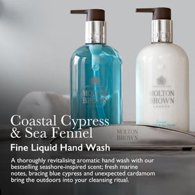 Molton Brown pump and label detail highlighting ingredients and easy dispensing benefit