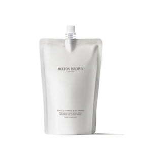 Molton Brown refill pouch front view showing coastal cypress branding and eco benefit