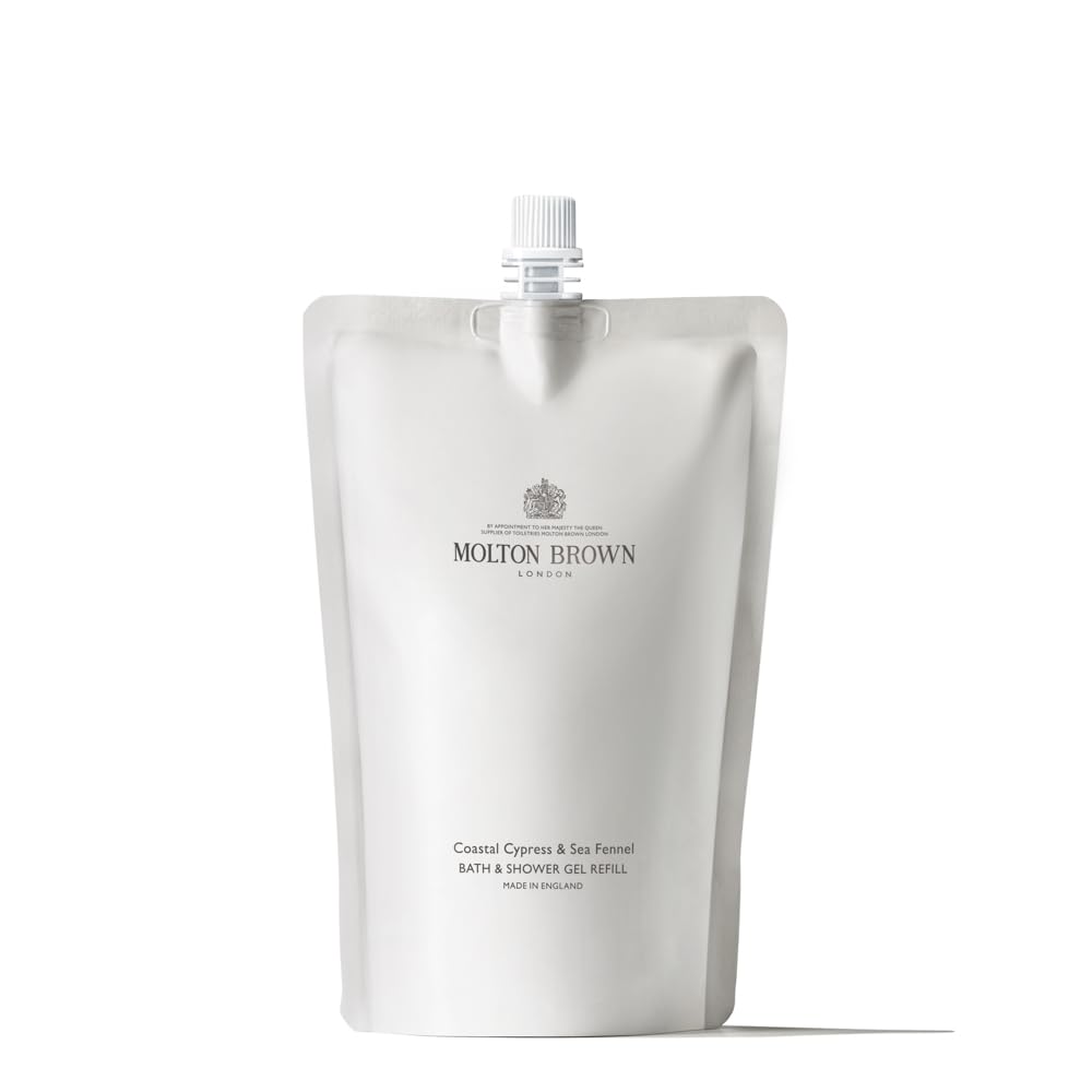 Molton Brown refill pouch front view showing label and sustainable design benefit