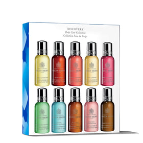 Molton Brown discovery pack front view showing ten travel bath gels and gift-ready appeal