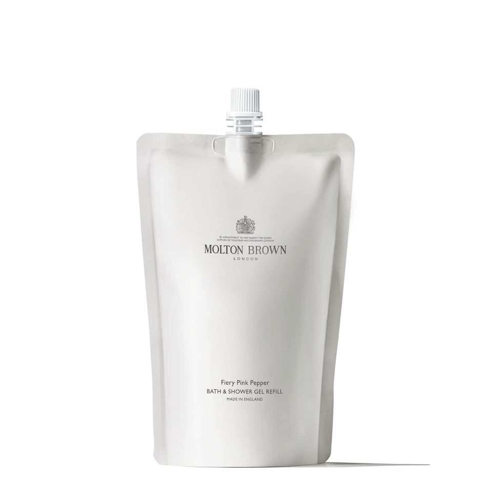 Molton Brown refill pouch front view showing eco-friendly packaging and vivid spice scent