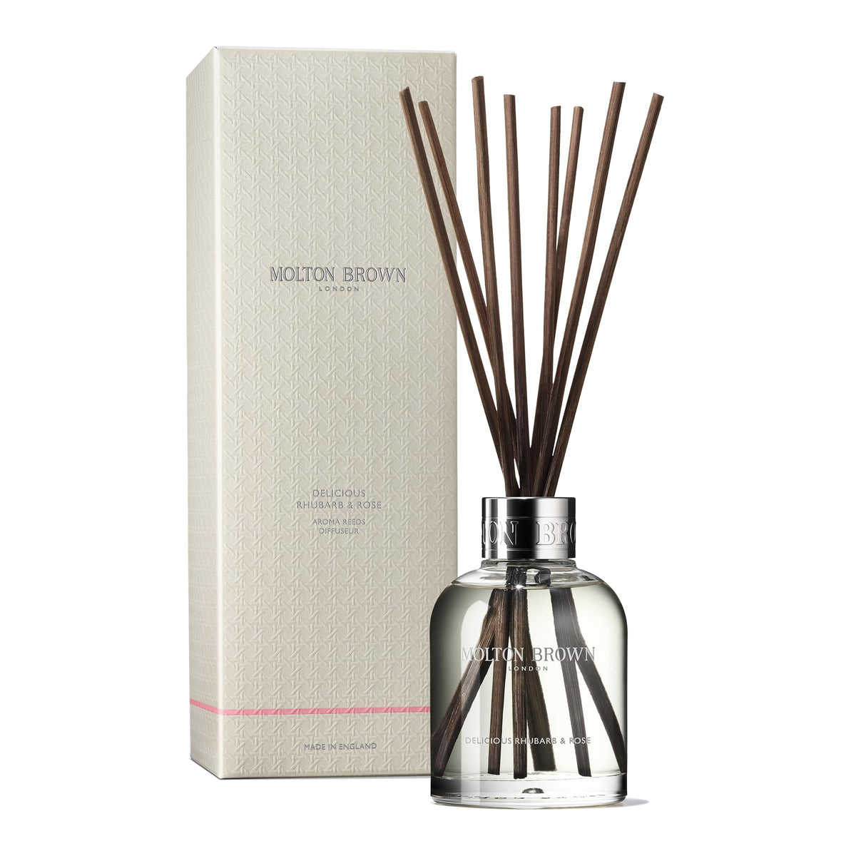 Molton Brown front bottle showing rhubarb and rose scent, brightens rooms