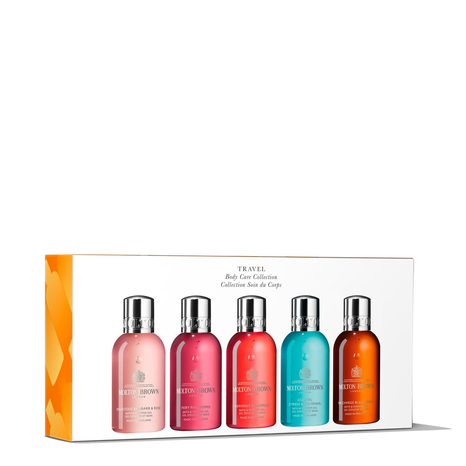 Molton Brown front packaging showing five travel shower gels, perfect for travel