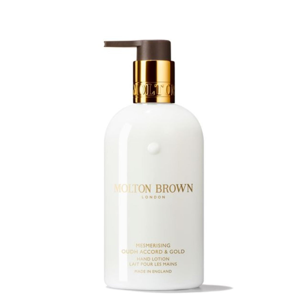 Molton Brown hand lotion front packaging showing elegant label and size benefit