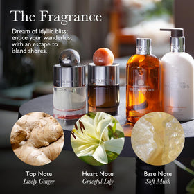 Molton Brown label close-up highlighting fragrance notes and quality benefit