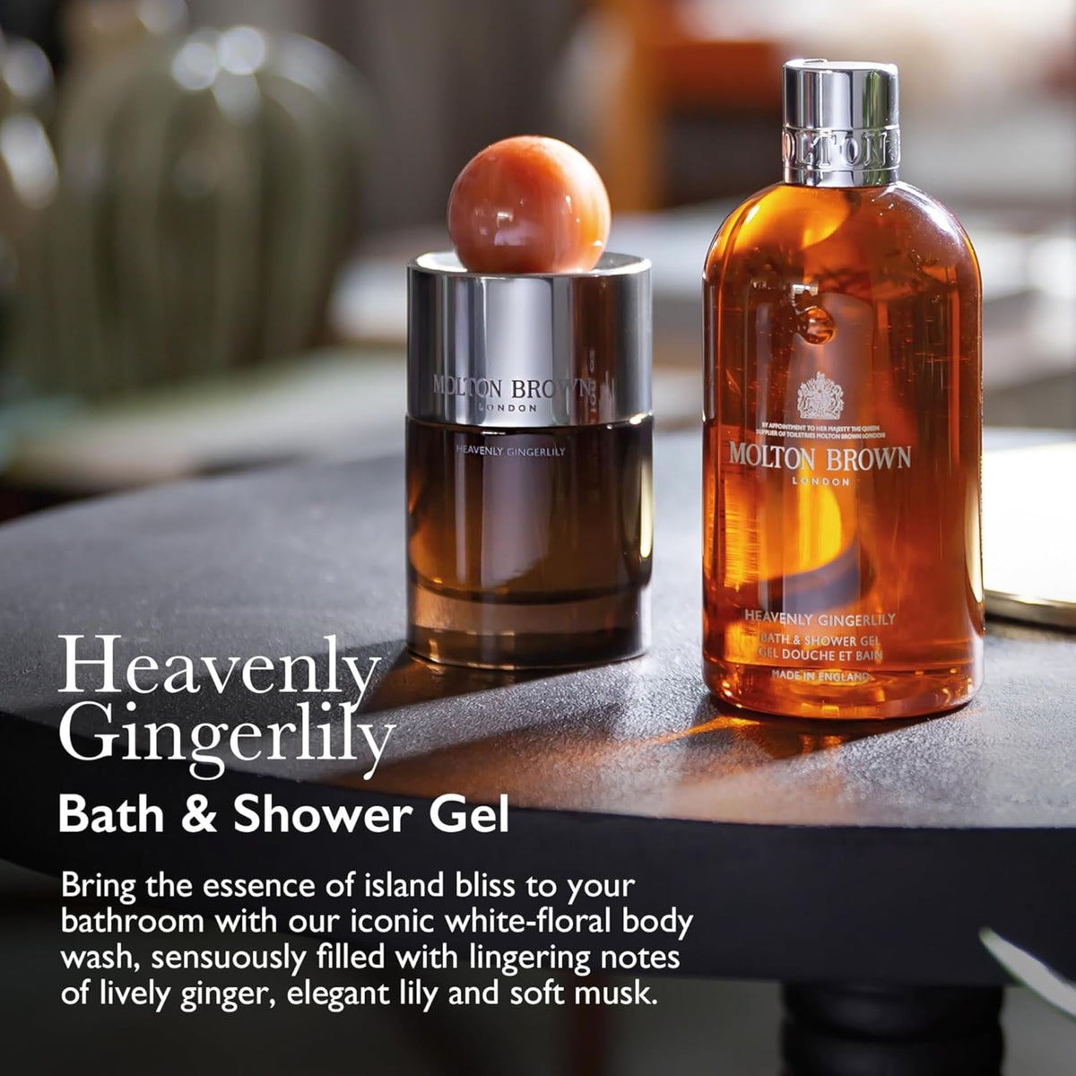 Molton Brown gel texture pouring from bottle for rich lather benefit
