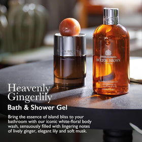 Molton Brown gel texture pouring from bottle for rich lather benefit