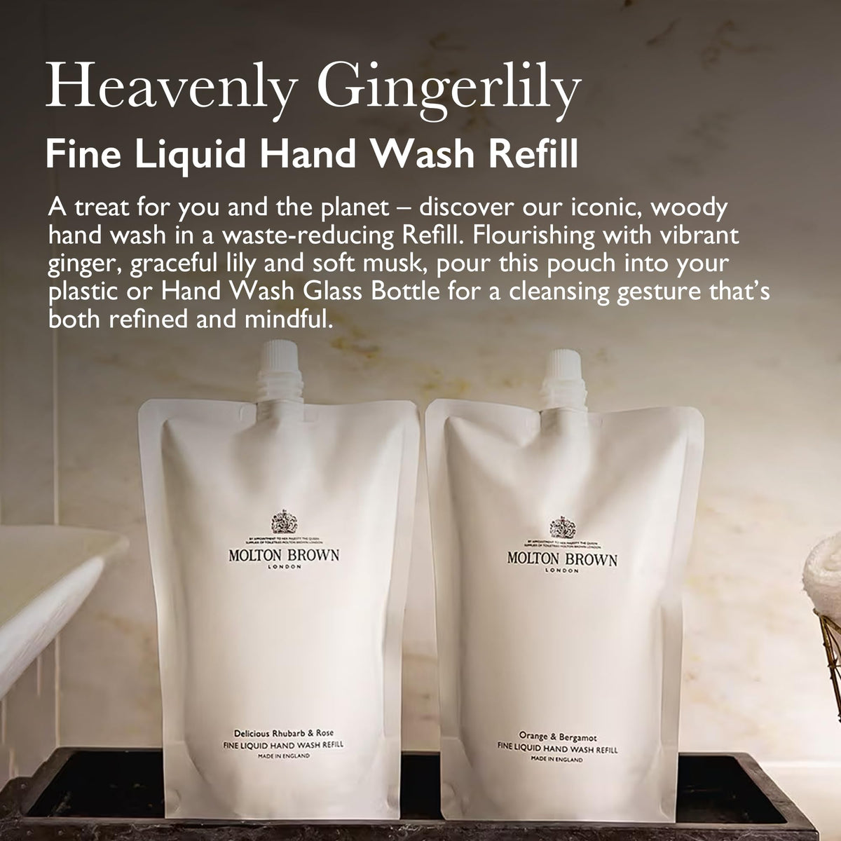 Molton Brown pouring refill into glass bottle for sustainable refill