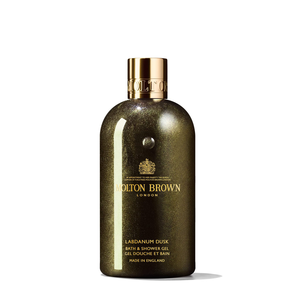 Molton Brown bottle front view showing label and luxurious amber scent benefit