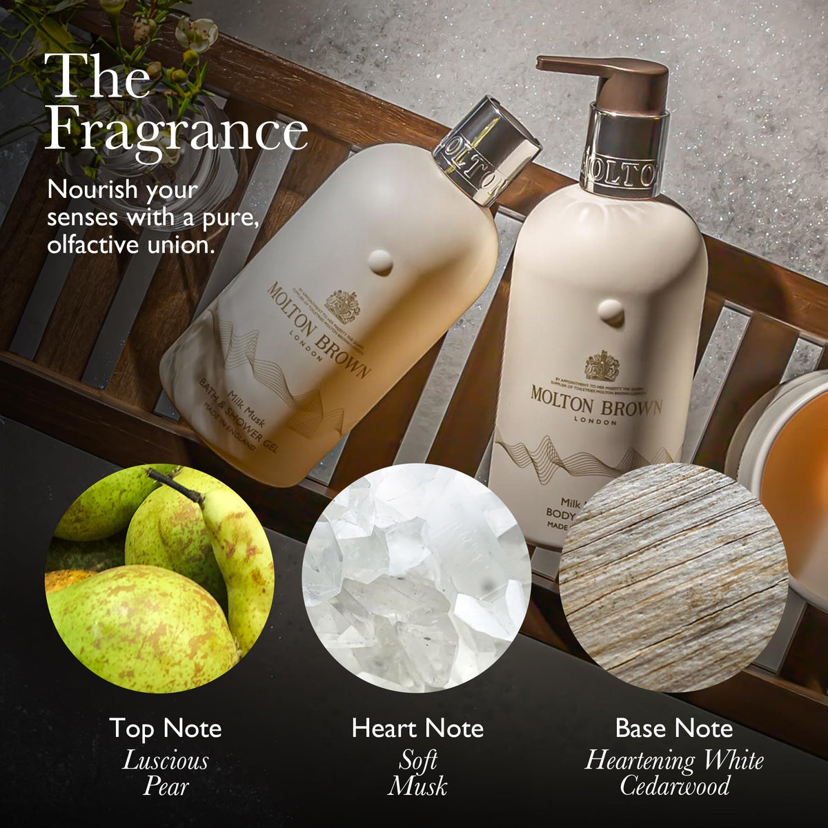 Molton Brown milk musk lather close-up creamy foam texture for gentle cleansing benefit