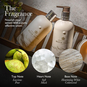 Molton Brown milk musk lather close-up creamy foam texture for gentle cleansing benefit