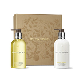 Molton Brown front packaging showing elegant gift set and premium presentation