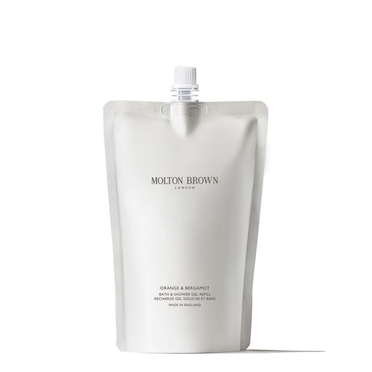 Molton Brown refill front view showing orange bergamot pouch and recyclable benefit
