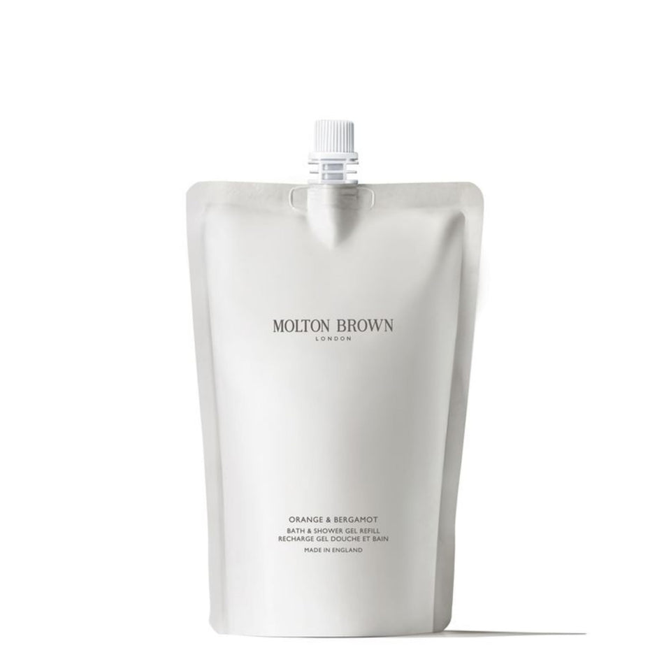 Molton Brown refill front view showing orange bergamot pouch and recyclable benefit