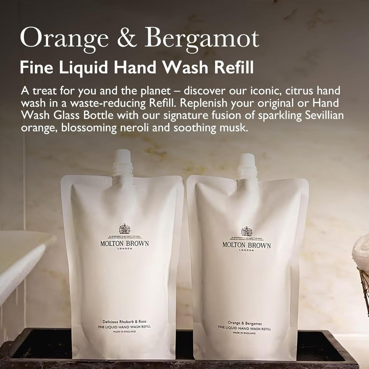 Molton Brown refill pouch detail highlighting durable material and easy-pour spout benefits