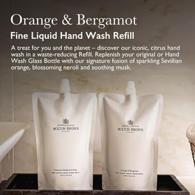 Molton Brown refill pouch detail highlighting durable material and easy-pour spout benefits