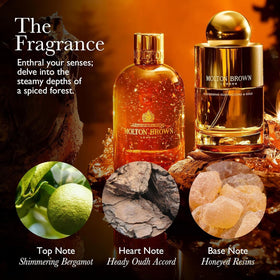 Molton Brown close-up of suspended 23.5-carat gold flakes for sparkle