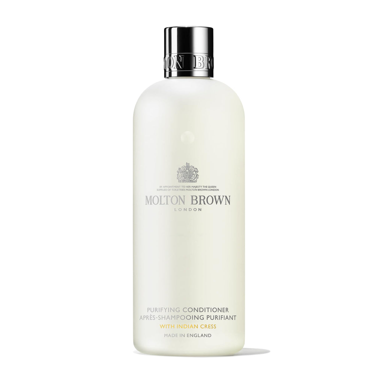 Molton Brown front bottle showing label and size, elegant branding benefit
