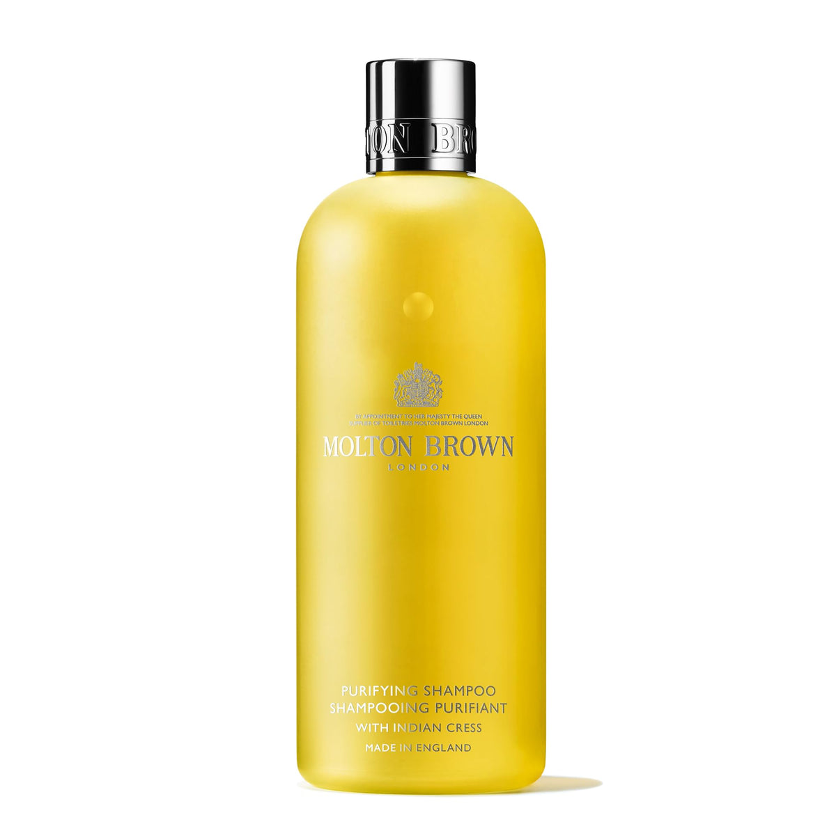 Molton Brown shampoo front packaging showing brand and volume benefit: premium cleansing