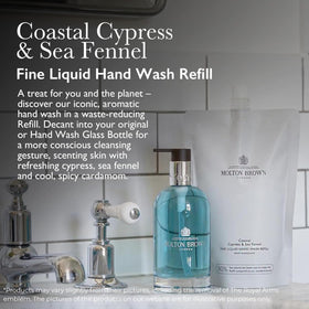 Molton Brown being poured into a glass bottle illustrating easy refill and reduced waste