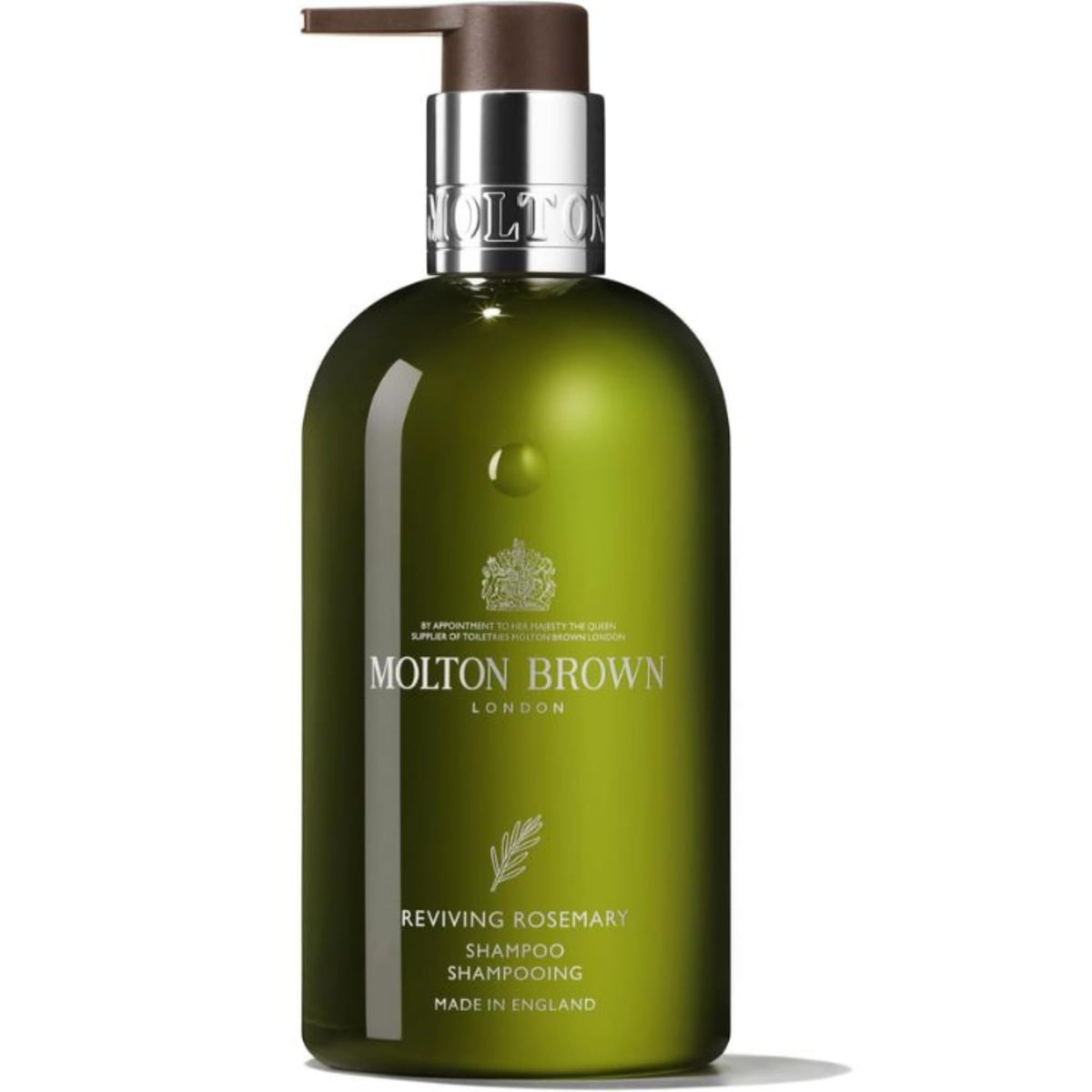 Molton Brown bottle front view showing label and elegant packaging, promotes premium routine