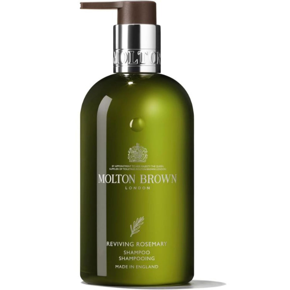 Molton Brown bottle front view showing label and elegant packaging, promotes premium routine