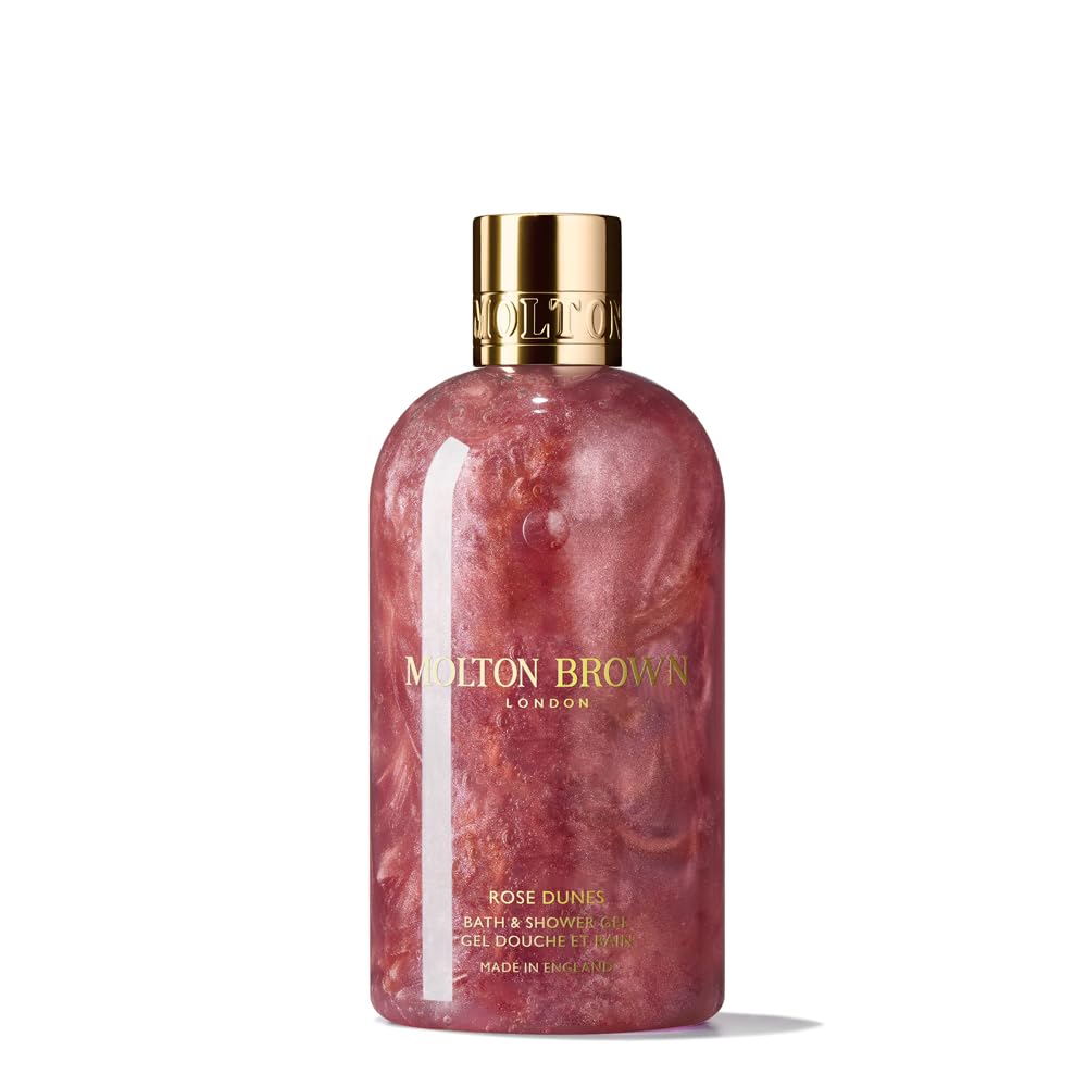 Molton Brown Rose Dunes front bottle showing label and luxe shower benefit