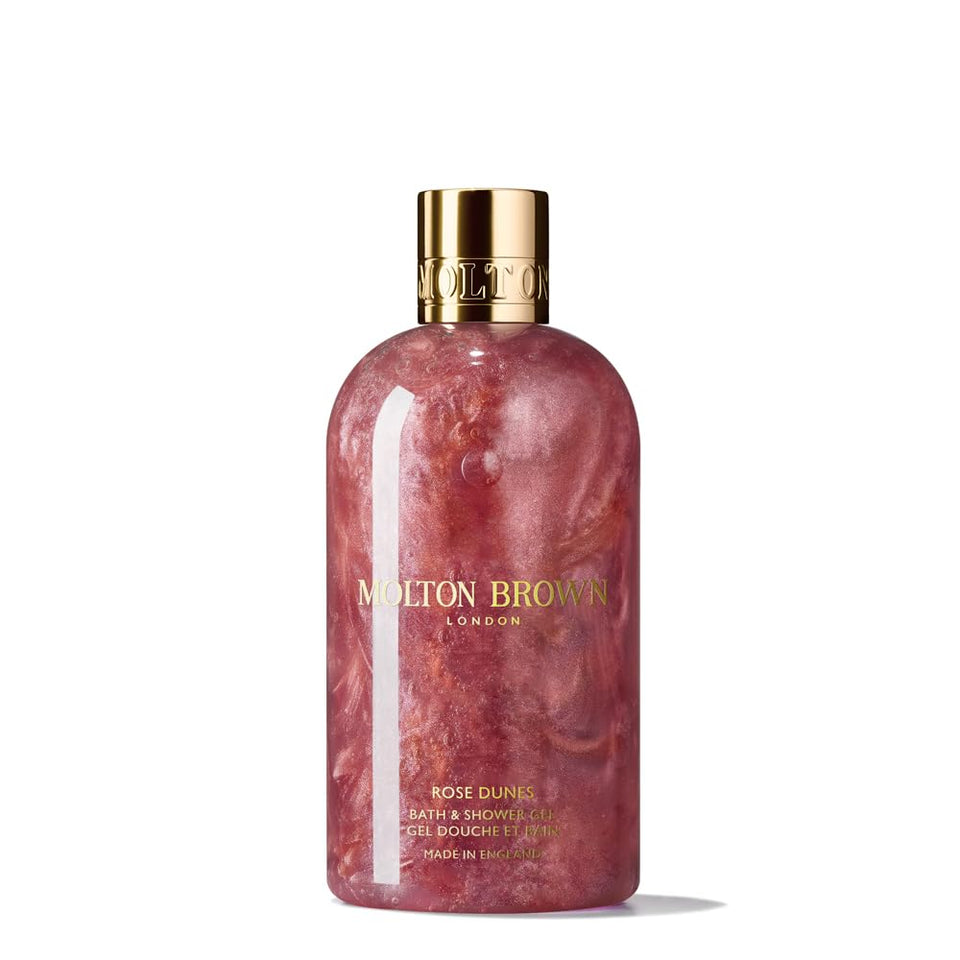 Molton Brown Rose Dunes front bottle showing label and luxe shower benefit