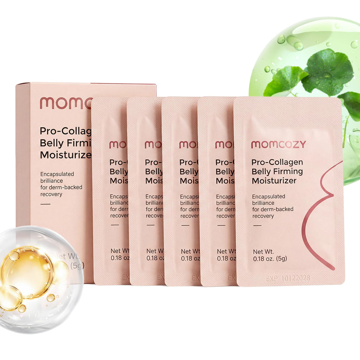 Momcozy front packet view showing trial sachets and clear benefits