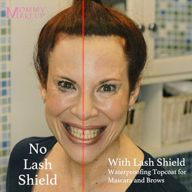 Mommy Makeup before and after lashes showing waterproof, smudge-proof hold