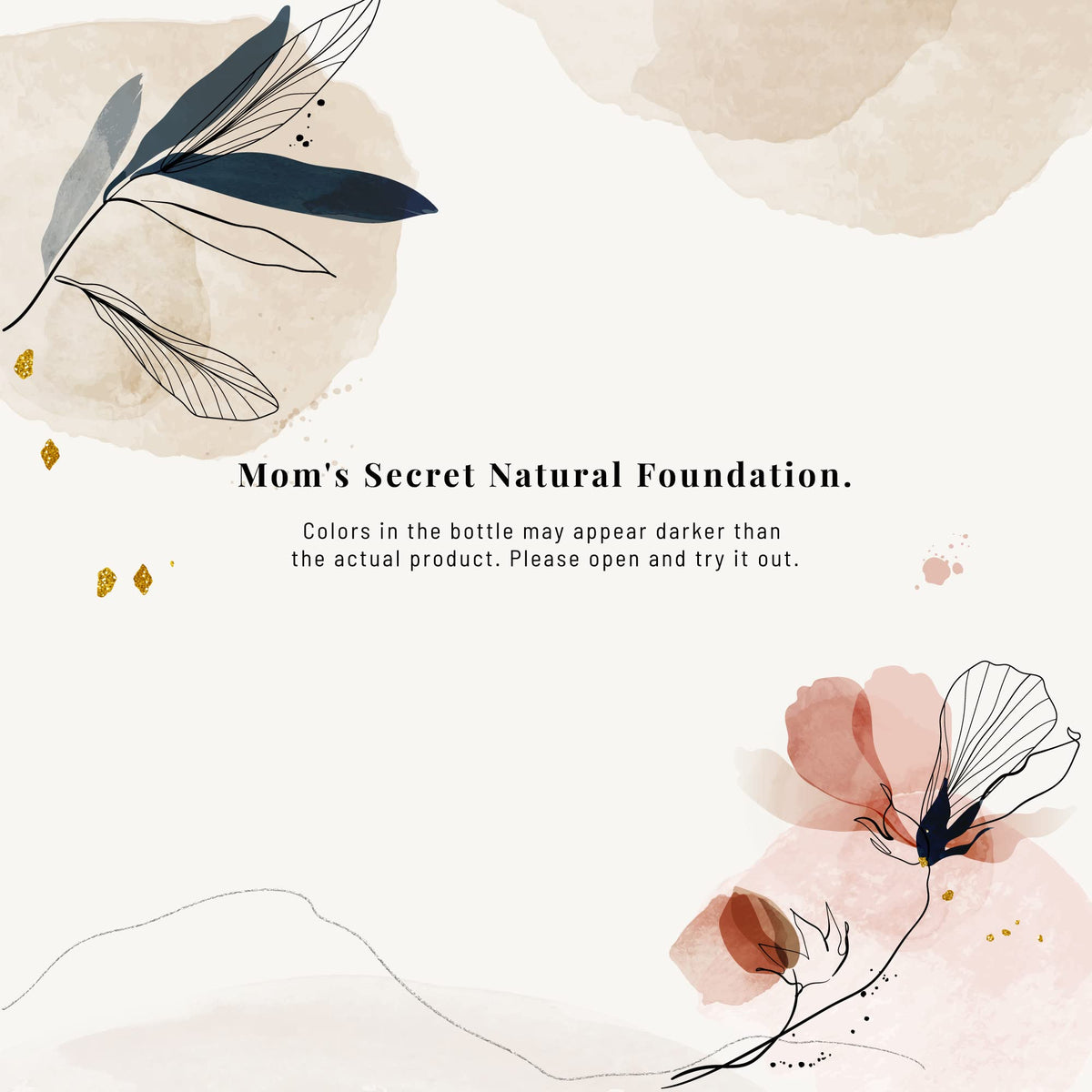 Lifestyle vanity scene with Mom's Secret foundation on counter illustrating daily natural routine