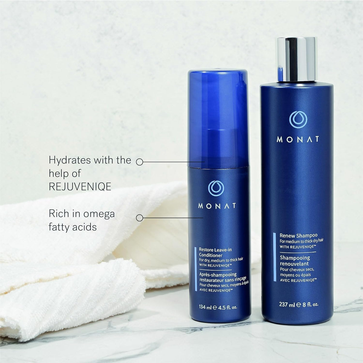 MONAT bottle in hand for size comparison, clarifies 250ml capacity and portability