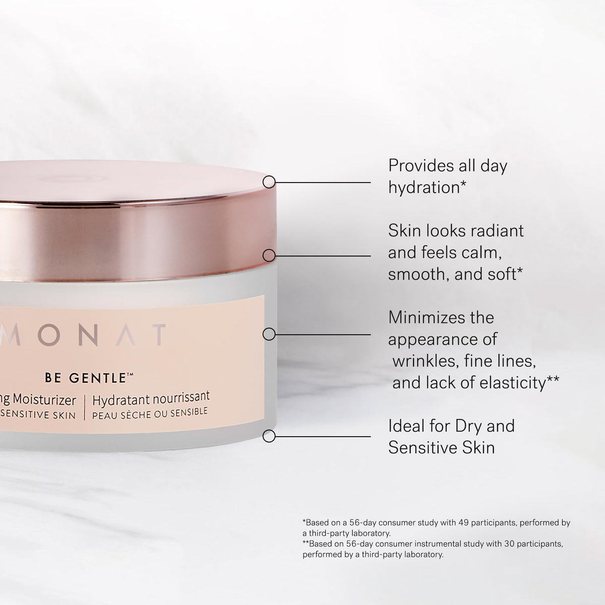 MONAT cream on fingers showing easy spreadability and quick absorption benefit