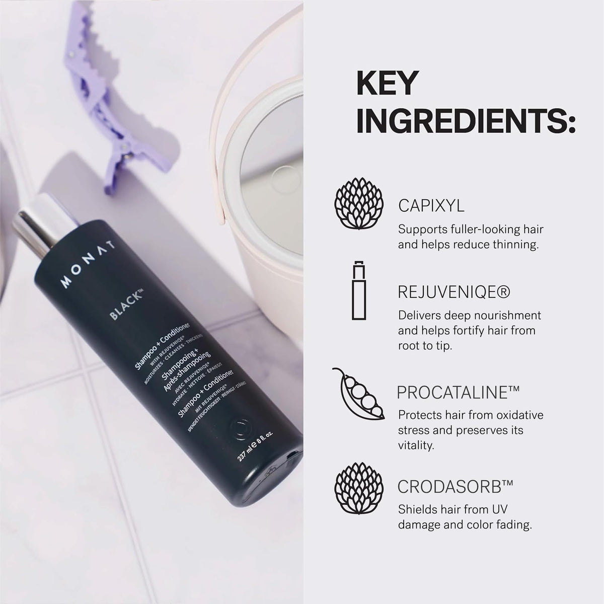 MONAT Black on dry hair after use showing smoother, fuller-looking finish