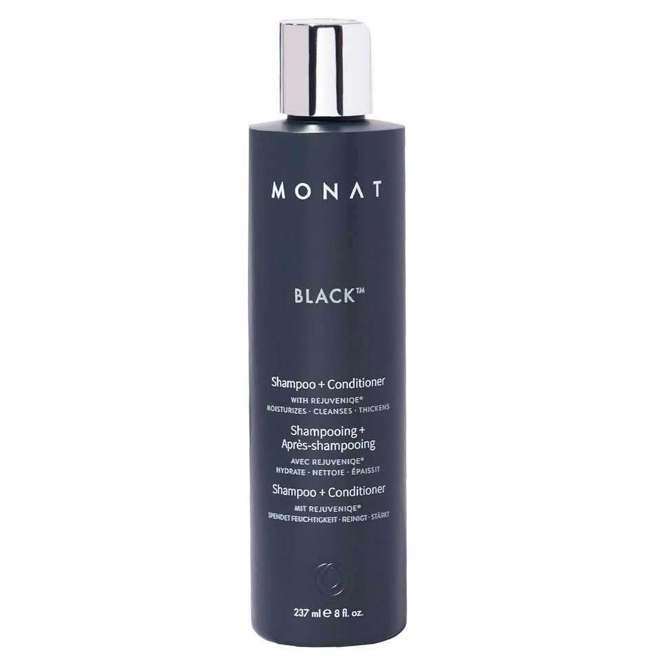 MONAT Black front packaging showing bottle and label benefits