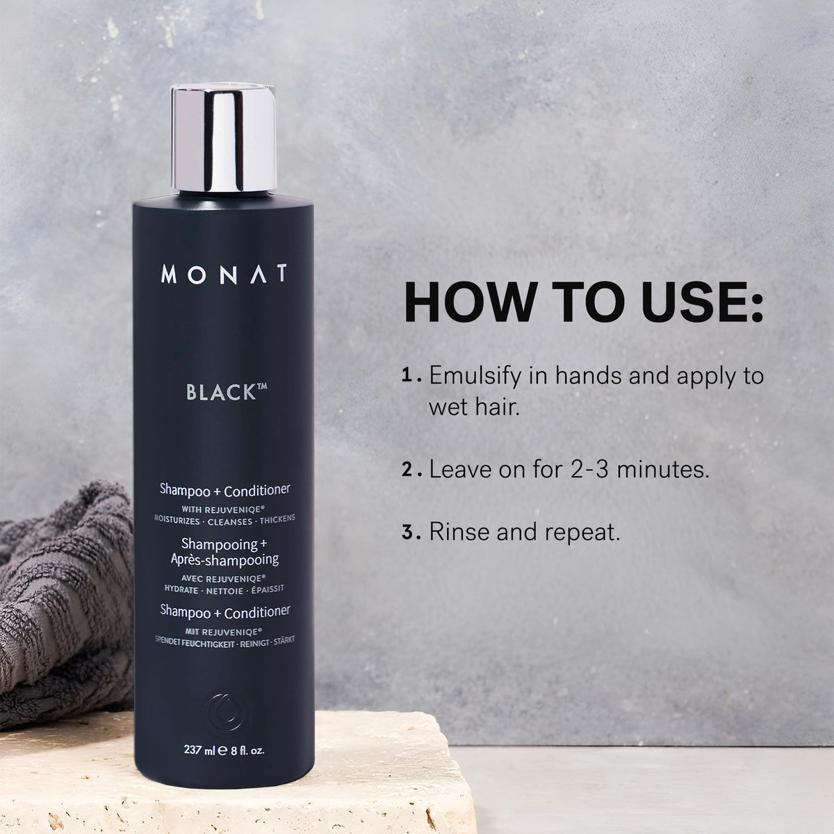MONAT Black bottle on shower shelf suggesting convenient everyday use