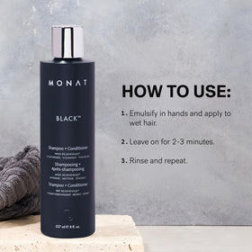 MONAT Black bottle on shower shelf suggesting convenient everyday use