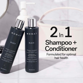 MONAT Black pouring texture foam demonstrating gentle lather