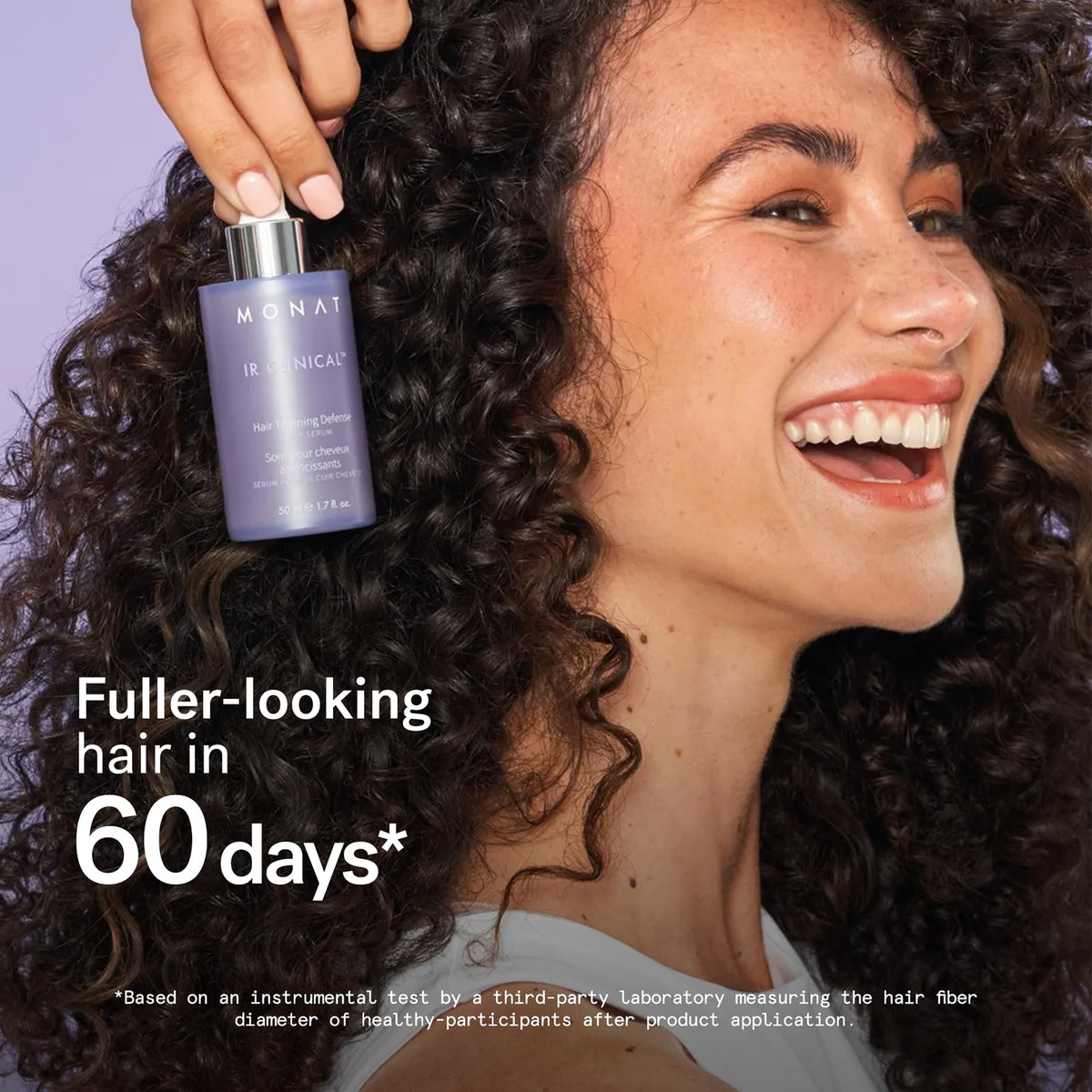MONAT bottle with ingredient visuals emphasizing natural, vegan benefits