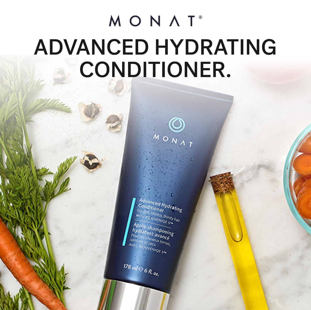 MONAT conditioner being applied to wet hair to improve softness and manageability