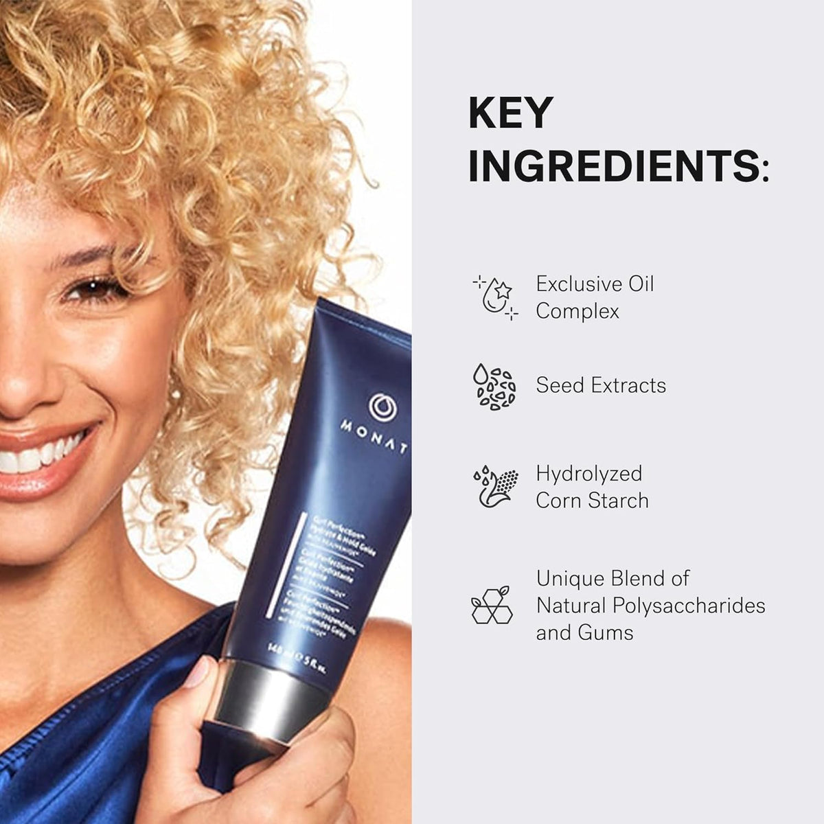 MONAT ingredients display with oils emphasizing nourishing formula