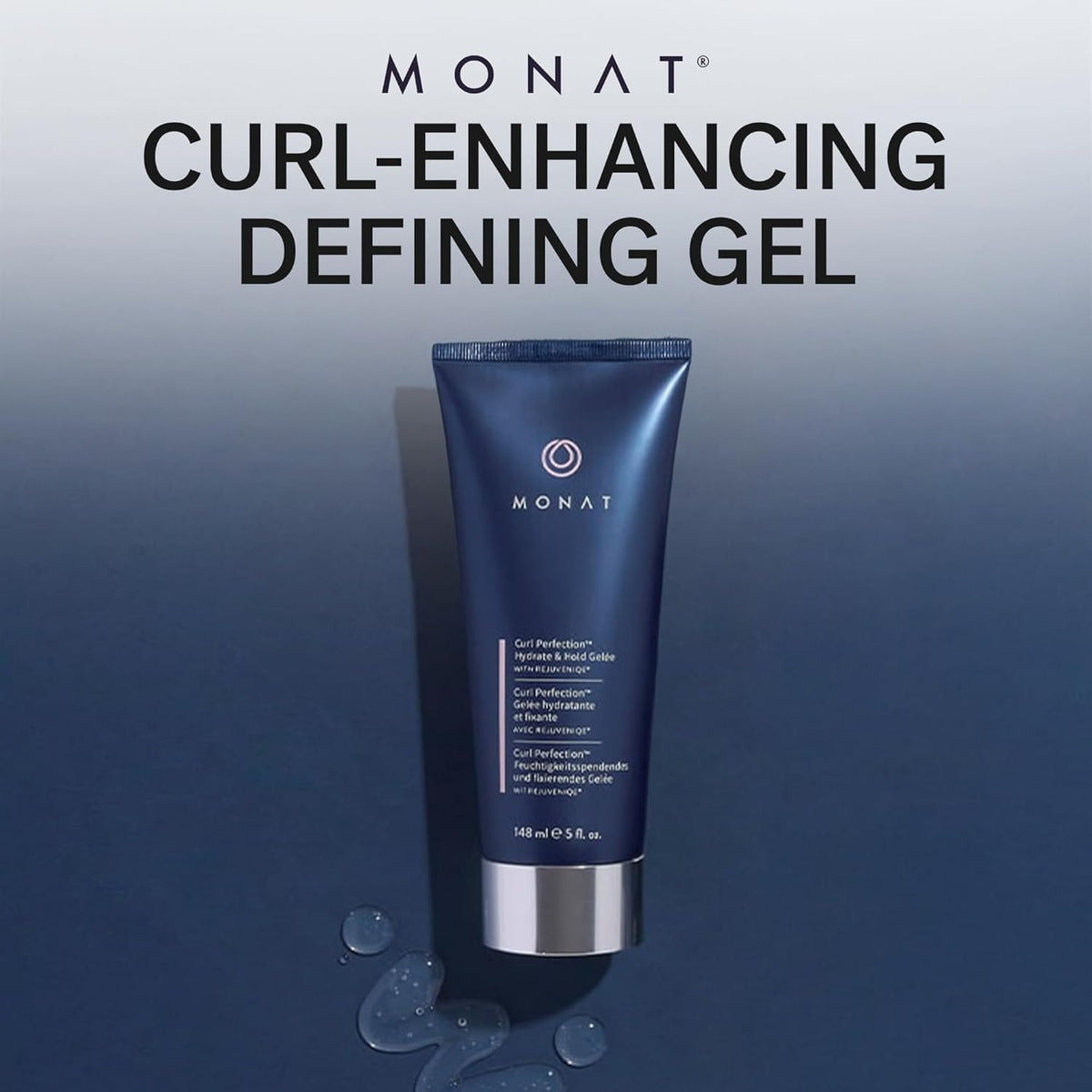 MONAT product applied to curly hair showing defined, frizz-free curls