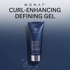 MONAT product applied to curly hair showing defined, frizz-free curls