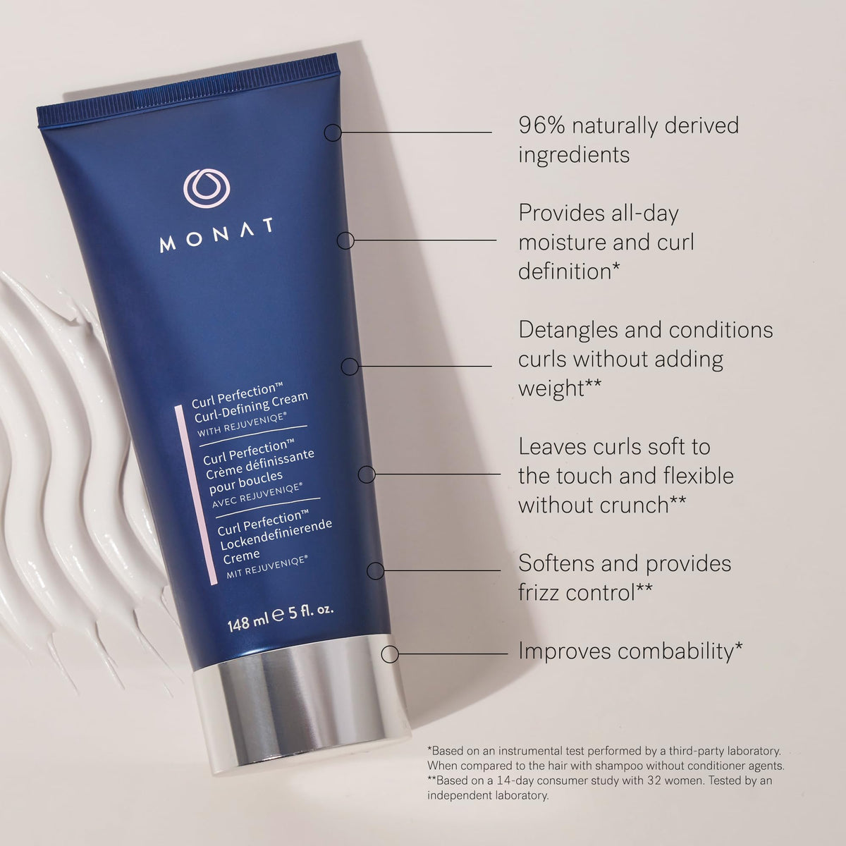 MONAT curl perfection dispensing cream from tube illustrating easy application