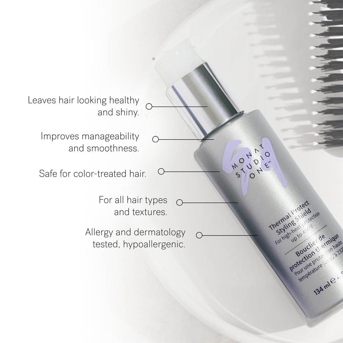 MONAT fine mist texture close-up illustrating lightweight, non-sticky formula benefit