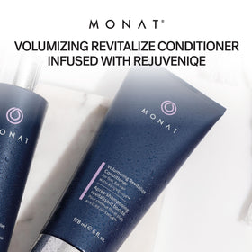 MONAT conditioner on bathroom shelf staged for routine showing daily use benefit