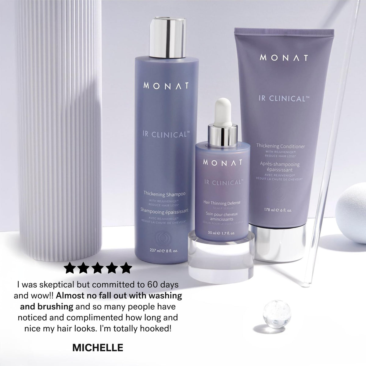 MONAT IR Clinical shampoo foaming in shower demonstrating gentle lather