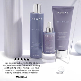 MONAT IR Clinical shampoo foaming in shower demonstrating gentle lather