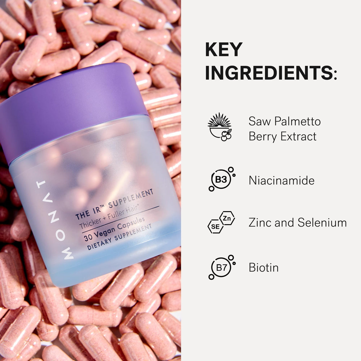 MONAT capsules spread beside ruler for size and serving visual benefit