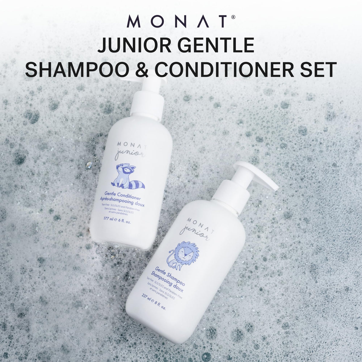 MONAT Junior shampoo foam texture illustrating gentle, non-irritating cleanse
